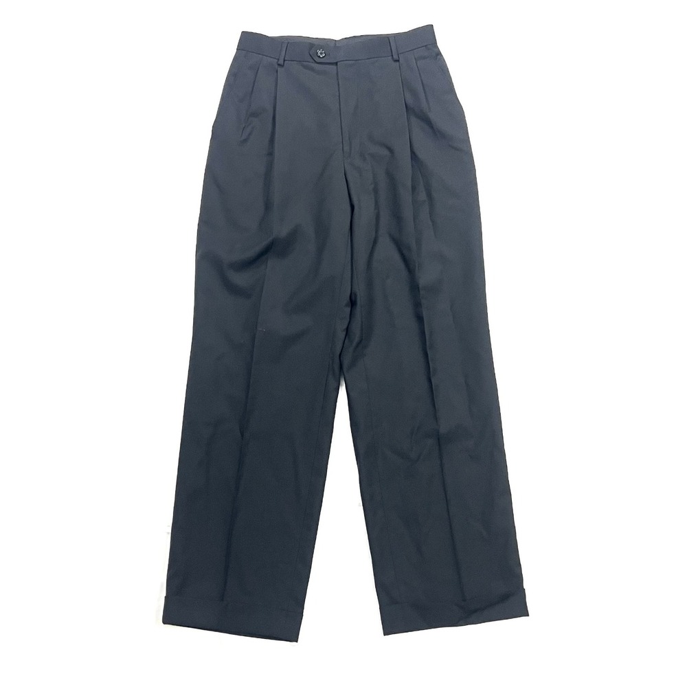 Giorgio Cosani Mens 32x28 Black 100% Wool Pleated Cuffed Dress Pants Trousers